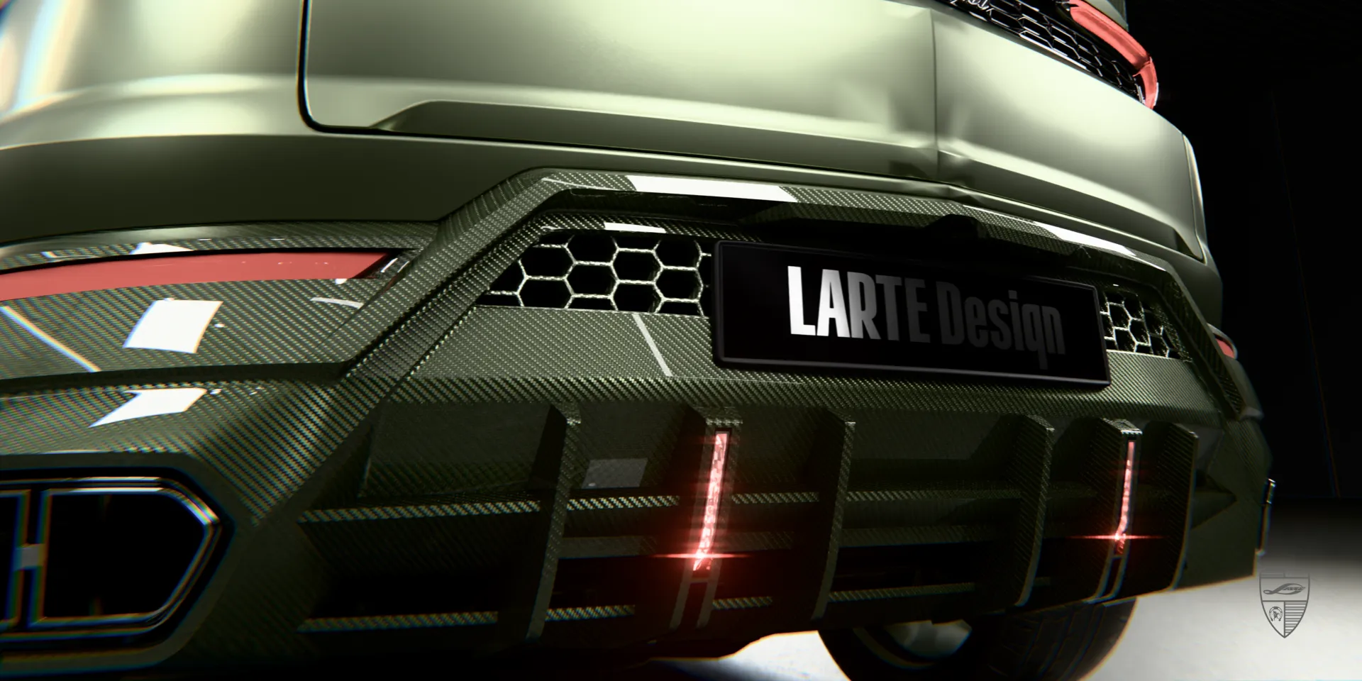 Зелёный диффузор Lamborghini Urus из карбона: вид снизу, акцент на аэродинамику задней части