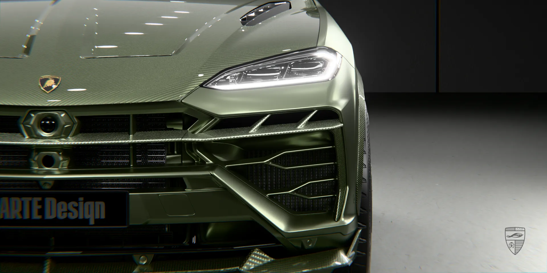 Зелёный комплект переднего бампера Lamborghini Urus: агрессивный сплиттер и капот