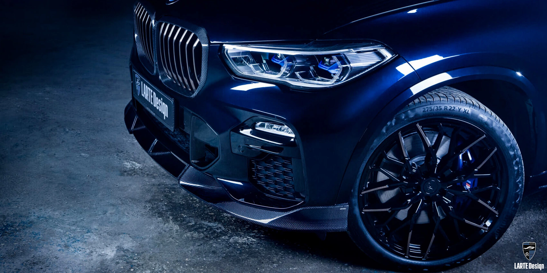 Получите передний сплиттер из углеродного волокна для LARTE Performance BMW X5 M sport G05 Tanzanite Blue II Metallic