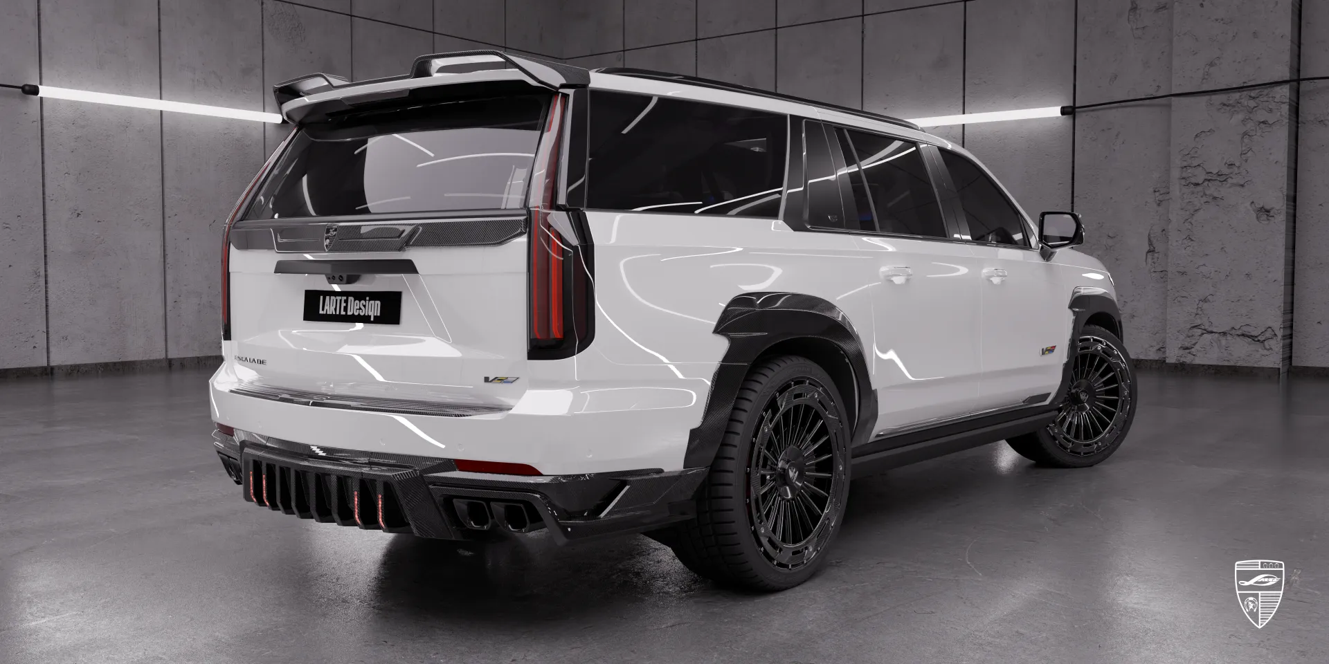 Белый Cadillac Escalade‑V ESV Facelift с карбоновым обвесом для повышенной заметности в городе