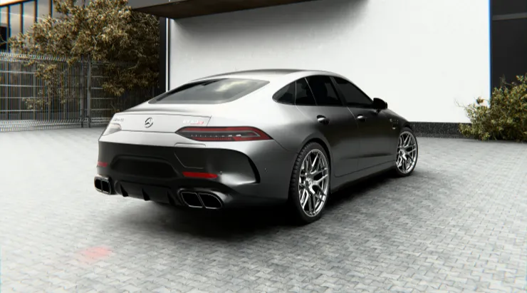 Задний профиль под углом Mercedes GT AMG 63s Facelift с кастомным тюнингом