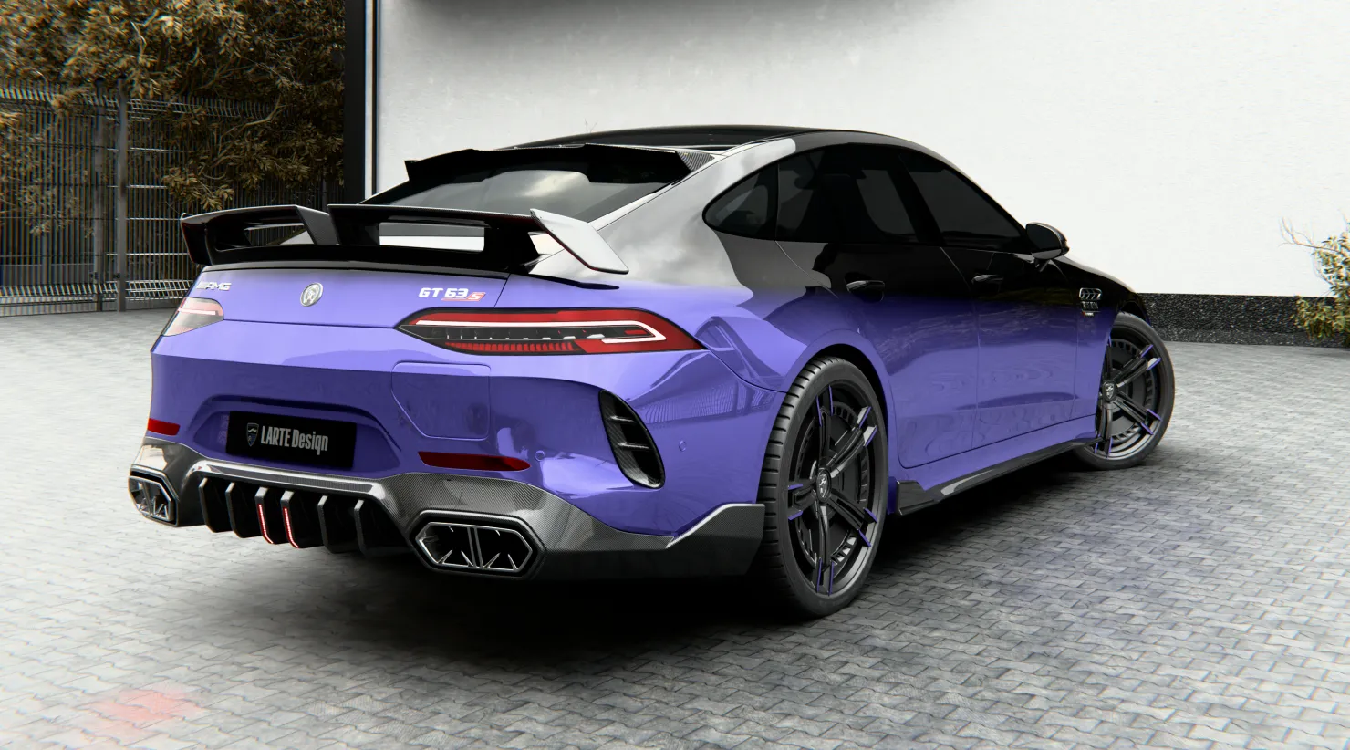 Задний профиль под углом Mercedes GT AMG 63s Facelift с кастомным тюнингом