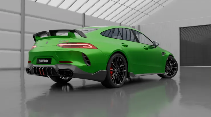 Задний профиль под углом Mercedes AMG GT 63s Facelift с кастомным тюнингом
